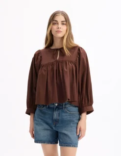 Celio Blouse encolure tunisienne en coton - marron^Femme Chemises & Blouses