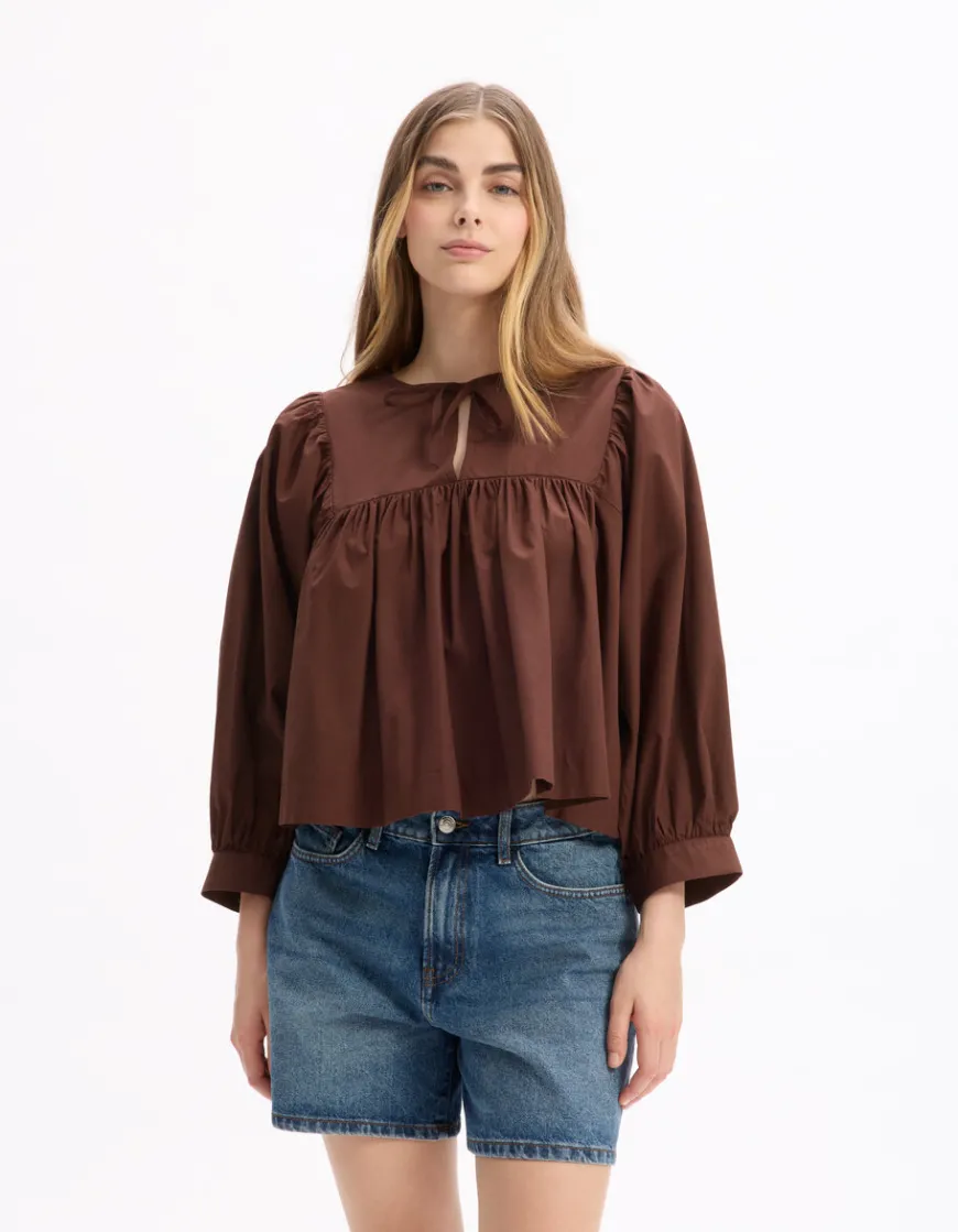 Celio Blouse encolure tunisienne en coton - marron^Femme Chemises & Blouses