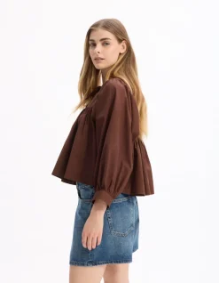 Celio Blouse encolure tunisienne en coton - marron^Femme Chemises & Blouses