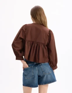 Celio Blouse encolure tunisienne en coton - marron^Femme Chemises & Blouses