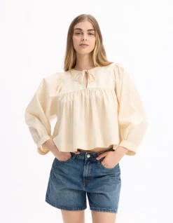 Celio Blouse encolure tunisienne en coton - beige^Femme Chemises & Blouses