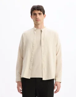 Celio Chemise regular rayé col mao en lin et coton - naturel^Homme Chemises|Sélection Lin