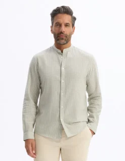 Celio Chemise regular rayé col mao en lin et coton - sauge^Homme Chemises|Sélection Lin