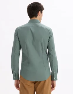 Celio Chemise slim en coton stretch - kaki^Homme Chemises|Chemises Habillées