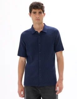 Celio Chemisette regular en maille ajouré - marine^Homme Chemises Manches Courtes|Chemises