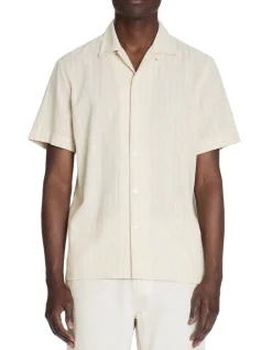 Celio Chemisette regular rayé en lin et coton - beige^Homme Chemises Manches Courtes|Chemises