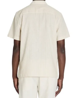 Celio Chemisette regular rayé en lin et coton - beige^Homme Chemises Manches Courtes|Chemises