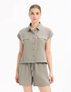 Celio Chemisier en gaze de coton sans manches - gris^Femme Chemises & Blouses|Les Ensembles