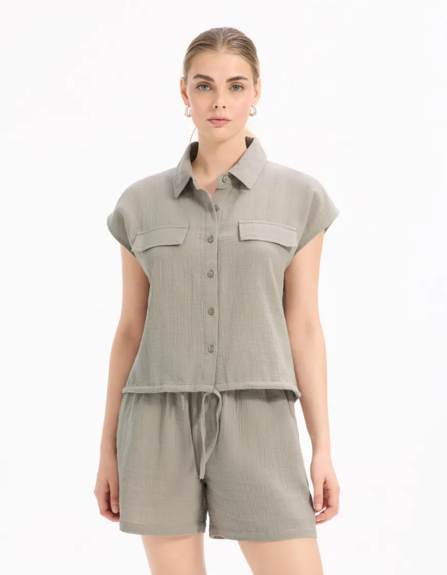 Celio Chemisier en gaze de coton sans manches - gris^Femme Chemises & Blouses|Les Ensembles