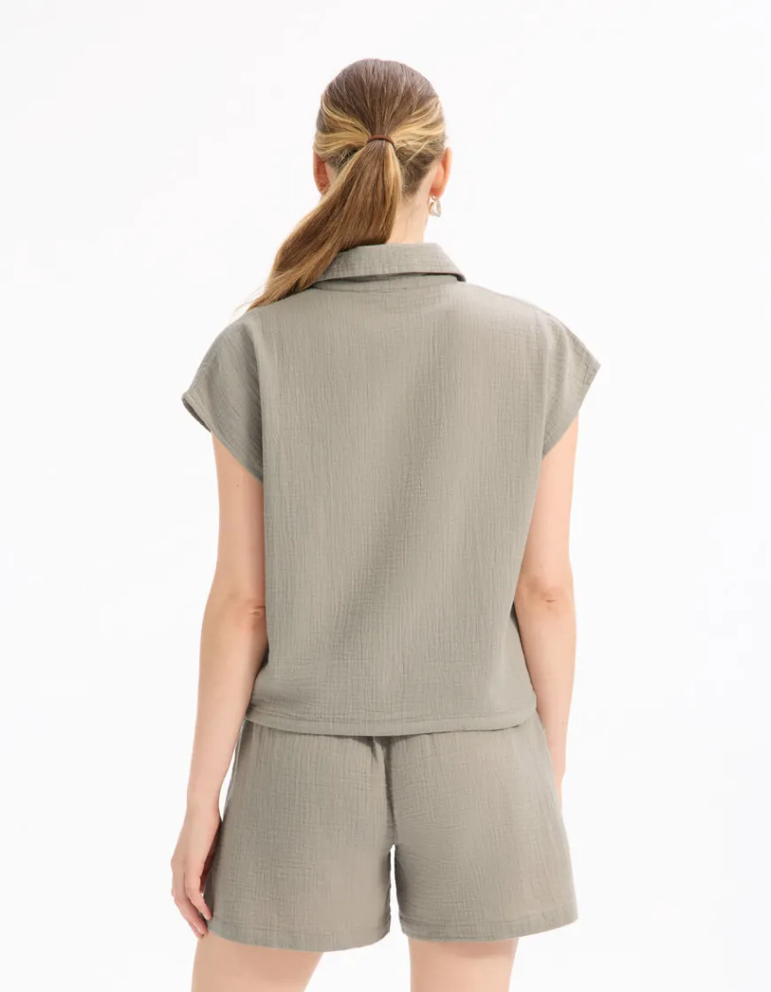 Celio Chemisier en gaze de coton sans manches - gris^Femme Chemises & Blouses|Les Ensembles