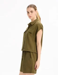 Celio Chemisier en gaze de coton sans manche - vert^Femme Chemises & Blouses|Les Ensembles