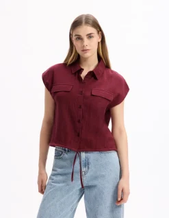 Celio Chemisier en gaze de coton sans manche - bordeaux^Femme Chemises & Blouses|Les Ensembles