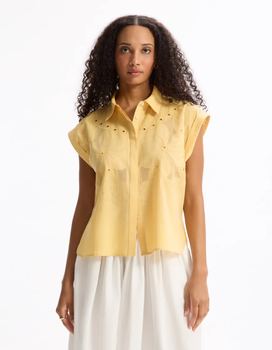 Celio Chemisier sans manches brodé - jaune^Femme Chemises & Blouses