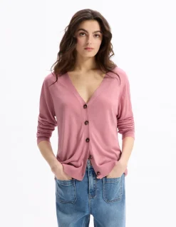 Celio Gilet boutonné en maille fine - rose^Femme Les Essentiels Aux Meilleurs Prix|Gilets & Cardigans