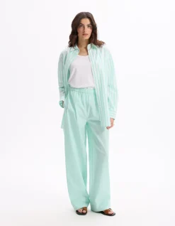 Celio Pantalon large en popeline de coton - vert d'eau^Femme Loungewear|Les Essentiels Aux Meilleurs Prix