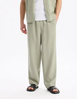 Celio Pantalon loose 100% lin - vert^Homme Pantalons En Lin|Pantalons