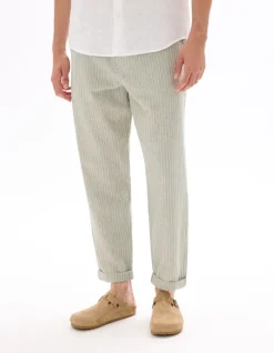 Celio Pantalon straight rayé en lin et coton - sauge^Homme Pantalons En Lin|Pantalons