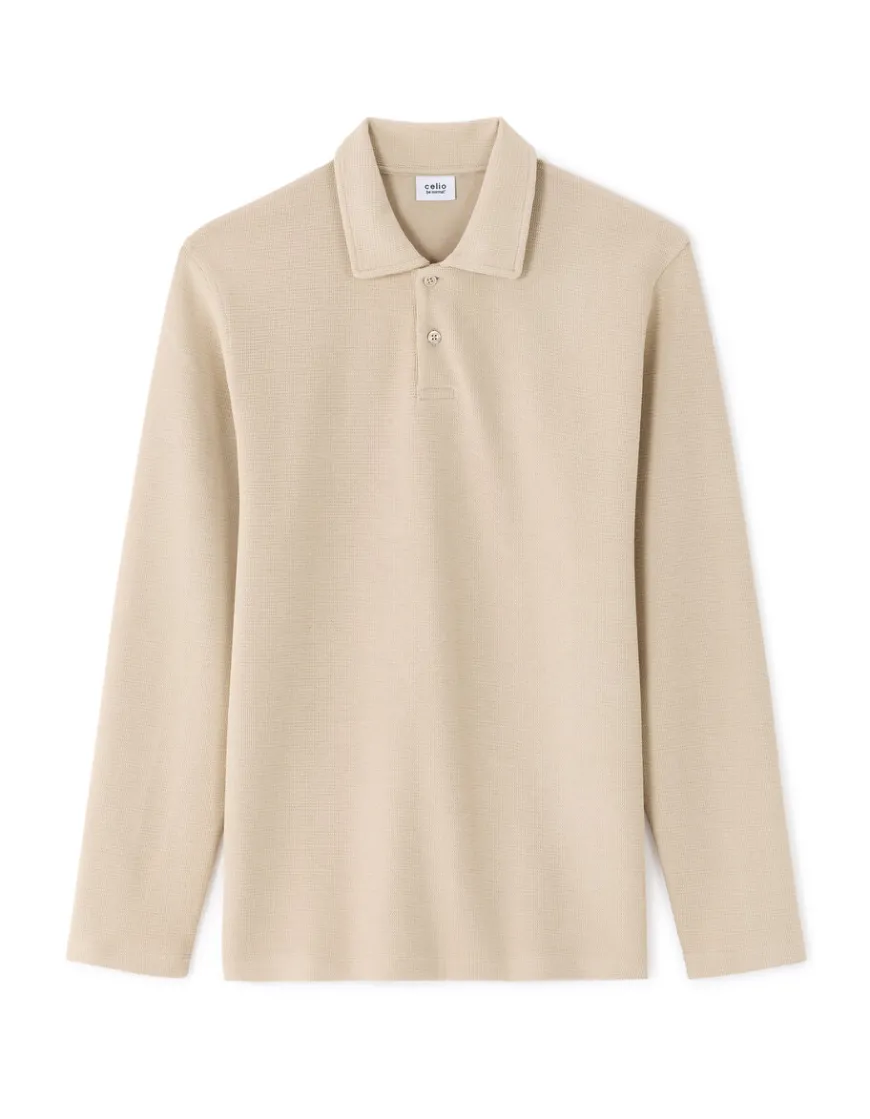 Celio Polo regular 100% coton manches longues - beige^Homme Polos