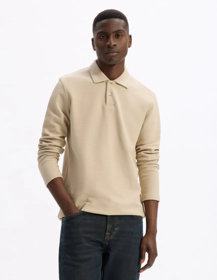 Celio Polo regular 100% coton manches longues - beige^Homme Polos
