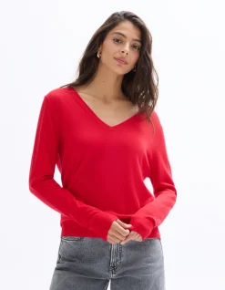 Celio Pull 100% laine mérinos à col v - rouge^Femme Pulls