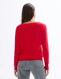 Celio Pull 100% laine mérinos à col v - rouge^Femme Pulls