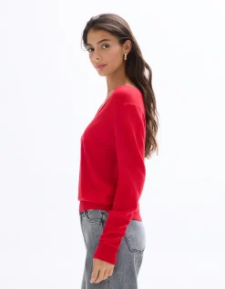 Celio Pull 100% laine mérinos à col v - rouge^Femme Pulls
