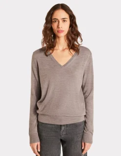 Celio Pull 100% laine mérinos à col V - taupe^Femme Pulls