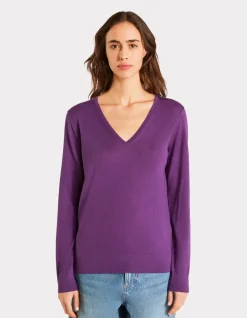 Celio Pull 100% laine mérinos à col V - violet foncé^Femme Pulls