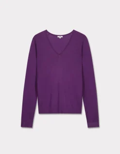 Celio Pull 100% laine mérinos à col V - violet foncé^Femme Pulls