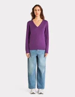 Celio Pull 100% laine mérinos à col V - violet foncé^Femme Pulls