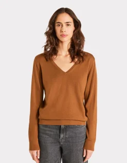 Celio Pull 100% laine mérinos à col V - marron^Femme Pulls