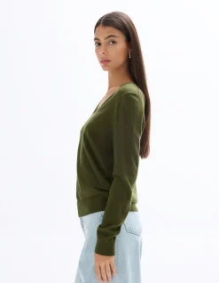 Celio Pull 100% laine mérinos à col V - vert^Femme Pulls