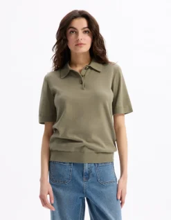 Celio Pull col polo manches courtes en maille - kaki^Femme Pulls