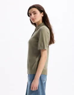 Celio Pull col polo manches courtes en maille - kaki^Femme Pulls