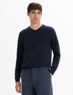 Celio Pull col V 100% coton - marine^Homme Pulls