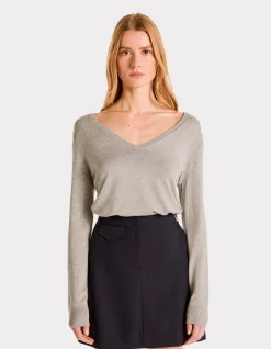 Celio Pull en maille fine col V - gris clair^Femme Pulls
