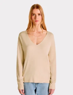 Celio Pull fluide col V en viscose Ecovero - beige^Femme Pulls