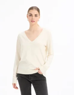Celio Pull fluide col V en viscose écovéro - beige^Femme Pulls