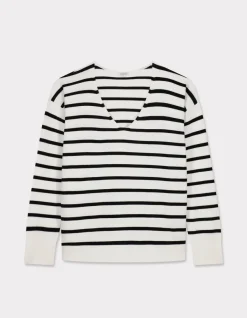 Celio Pull rayé col V en viscose Ecovero - beige^Femme Pulls