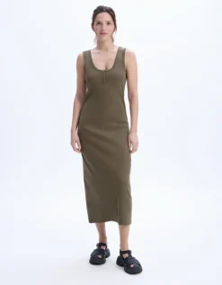 Celio Robe longue côtelée en coton - kaki^Femme Les Essentiels Aux Meilleurs Prix|Robes