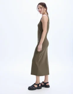 Celio Robe longue côtelée en coton - kaki^Femme Les Essentiels Aux Meilleurs Prix|Robes