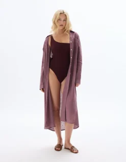 Celio Robe longue en lin - violet^Femme Robes|Robes