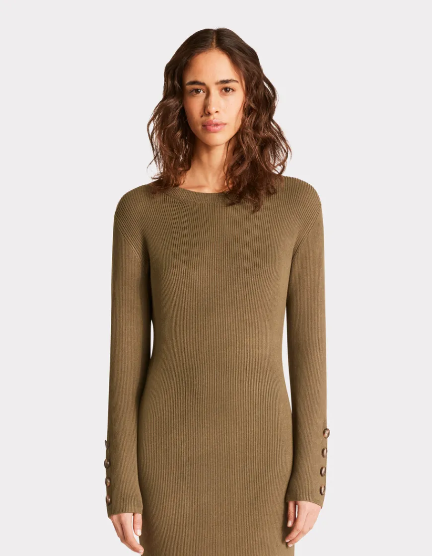 Celio Robe longue en maille côtelée - kaki^Femme Robes|Robes