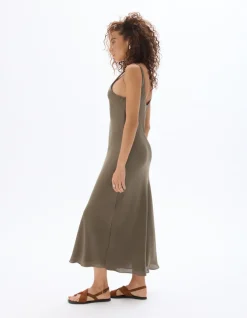 Celio Robe longue satiné - kaki^Femme Robes|Robes