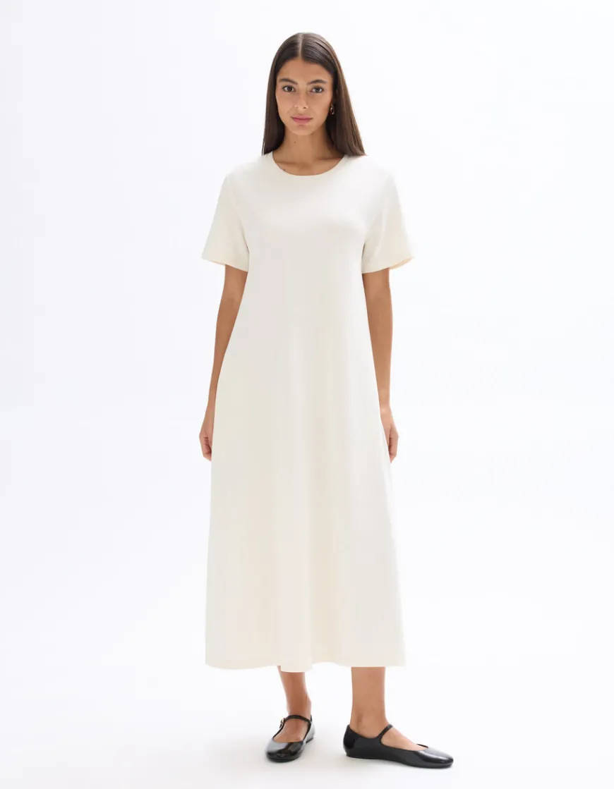 Celio Robe mi-longue en coton - écru^Femme Les Essentiels Aux Meilleurs Prix|Robes