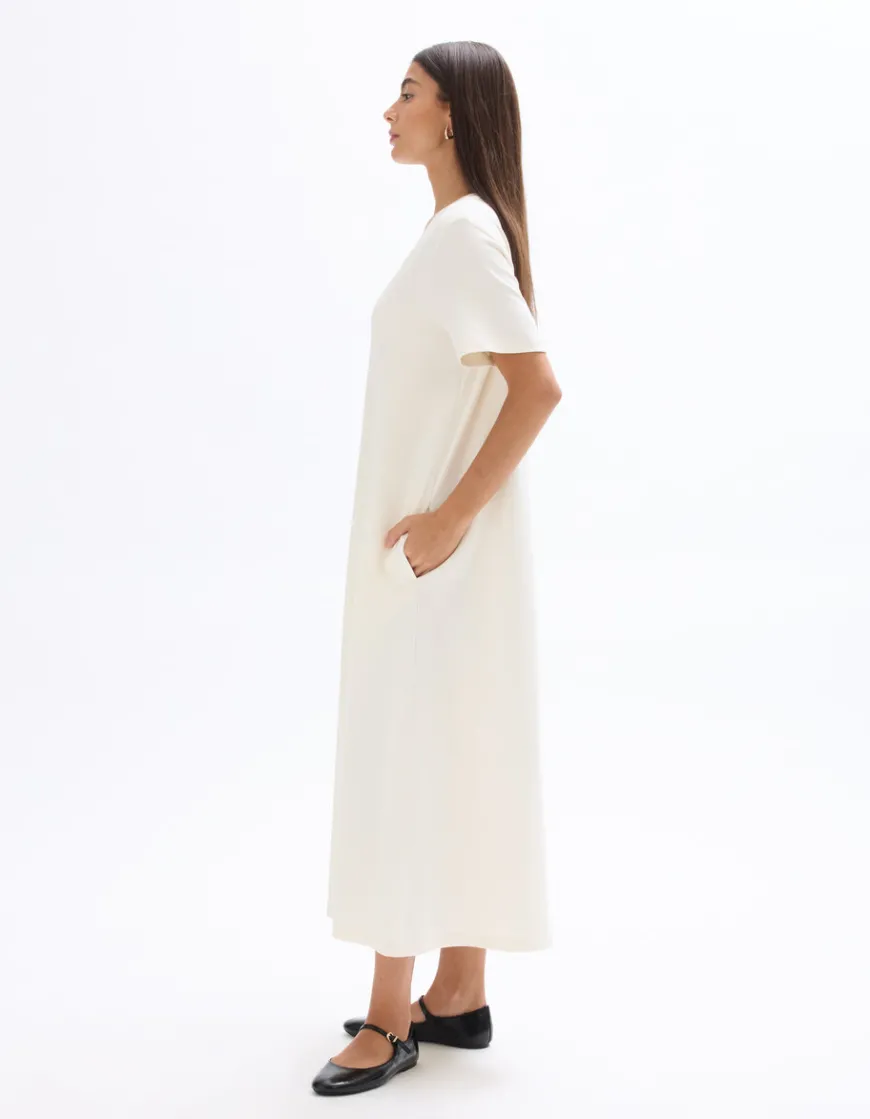 Celio Robe mi-longue en coton - écru^Femme Les Essentiels Aux Meilleurs Prix|Robes