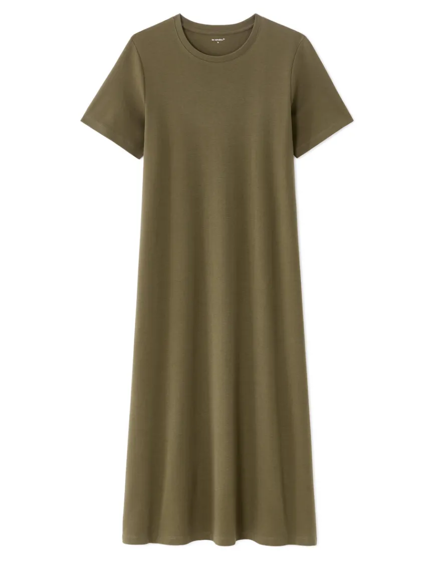 Celio Robe mi-longue en coton - kaki^Femme Les Essentiels Aux Meilleurs Prix|Robes