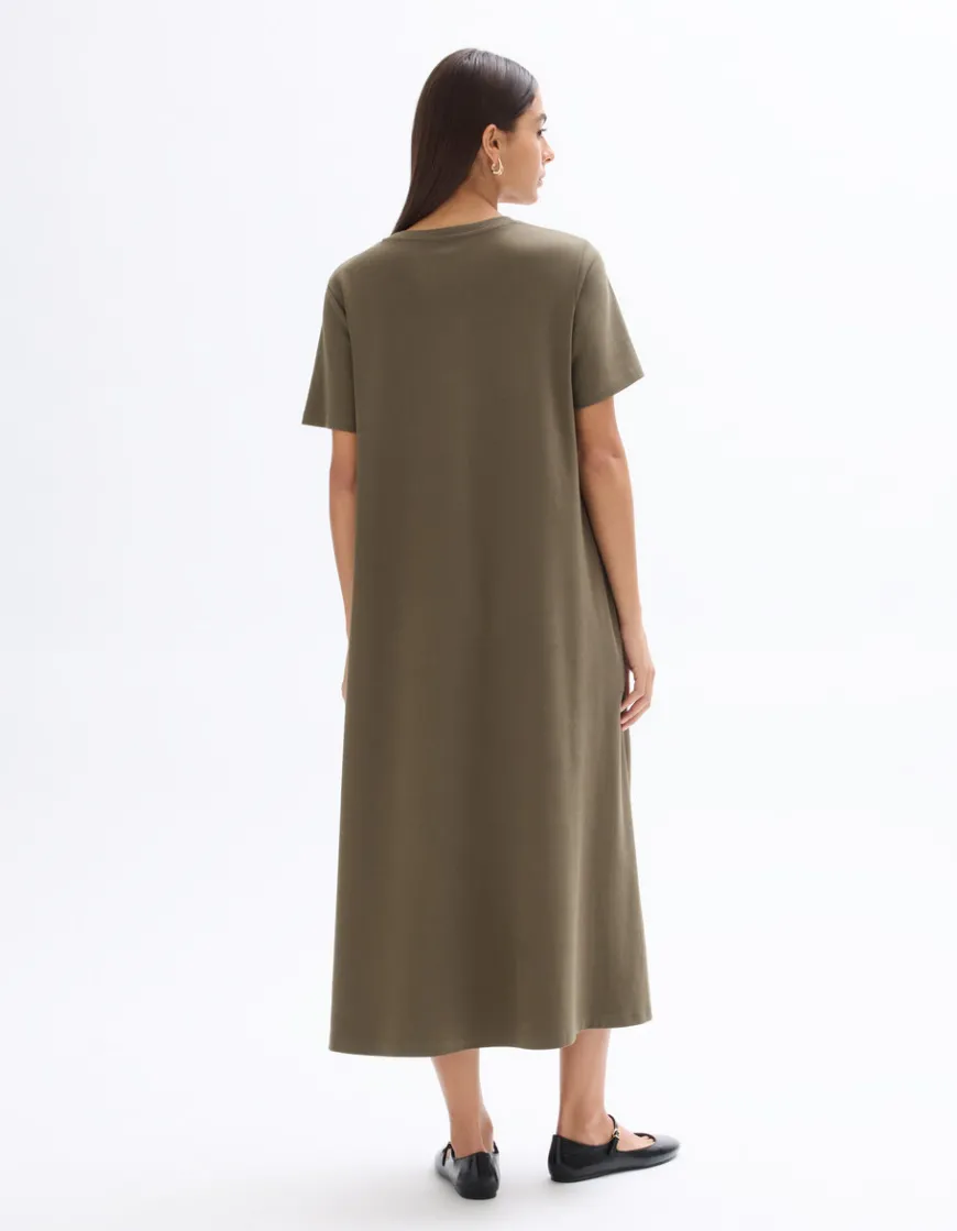 Celio Robe mi-longue en coton - kaki^Femme Les Essentiels Aux Meilleurs Prix|Robes