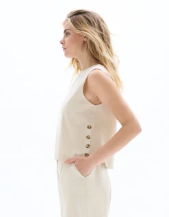 Celio Top coton lin bouton côté - beige^Femme Chemises & Blouses|T-Shirts & Tops