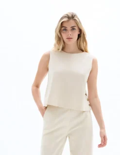Celio Top coton lin bouton côté - beige^Femme Chemises & Blouses|T-Shirts & Tops